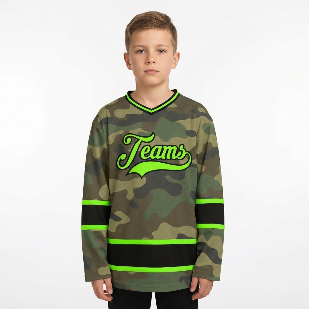 Custom Camo Green & Black Salute To Service Hockey Jersey