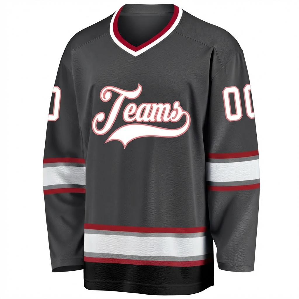 Custom Dark Grey & White/Burgundy Hockey Jersey