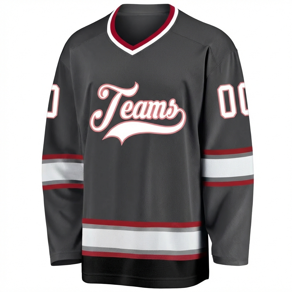 Custom Dark Grey & White/Burgundy Hockey Jersey