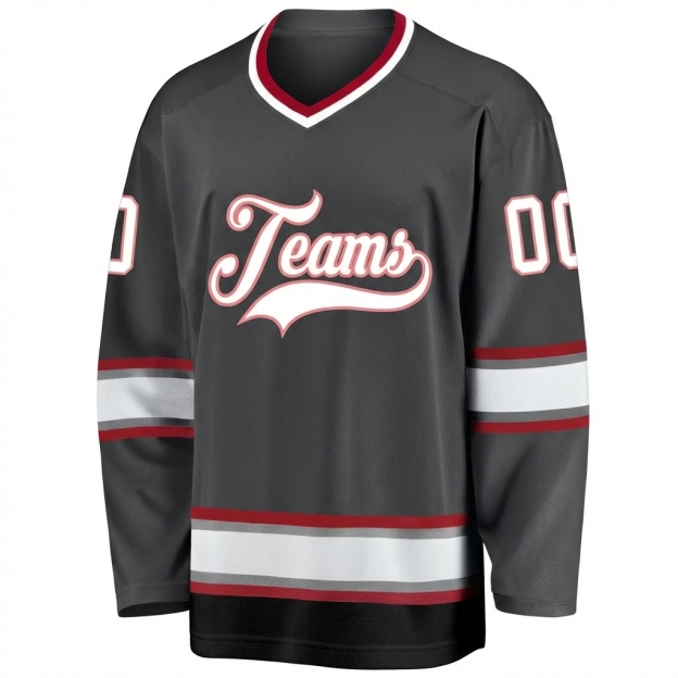 Custom Dark Grey & White/Burgundy Hockey Jersey