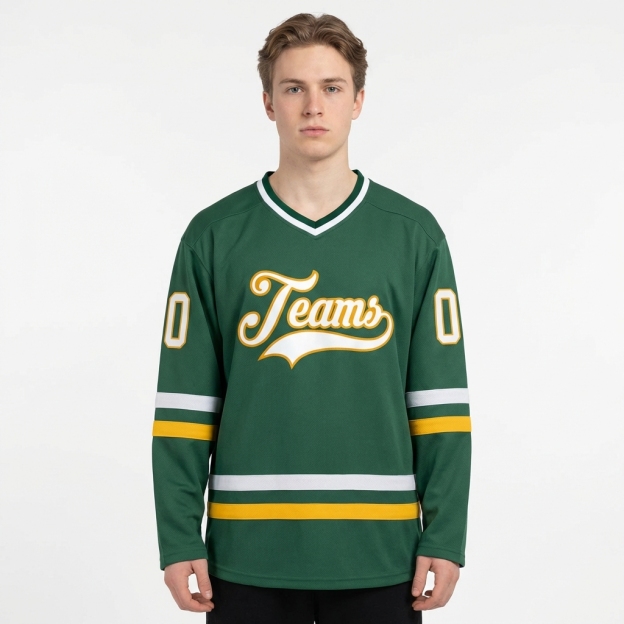Custom Dark Green & White/Yellow Hockey Jersey