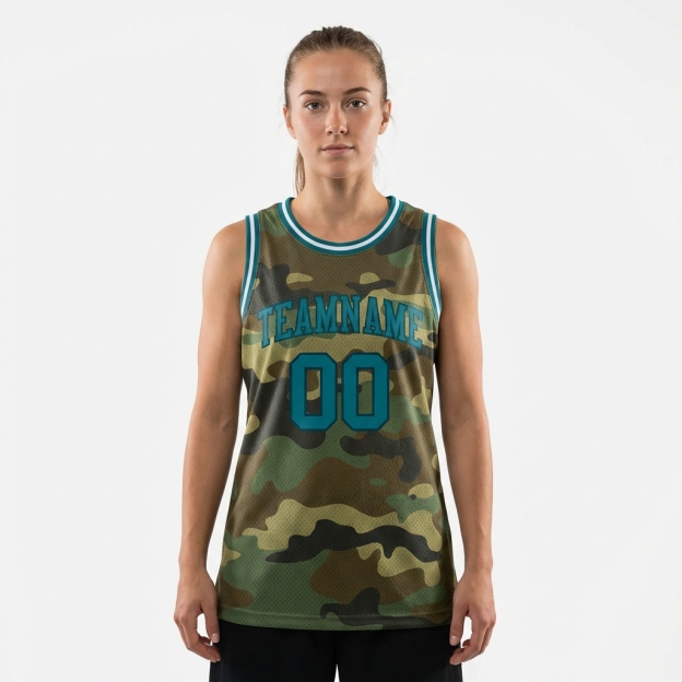 Custom Camo Teal & White Salute To Service Basketball City Edition Jersey