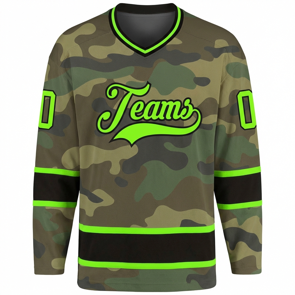Custom Camo Green & Black Salute To Service Hockey Jersey