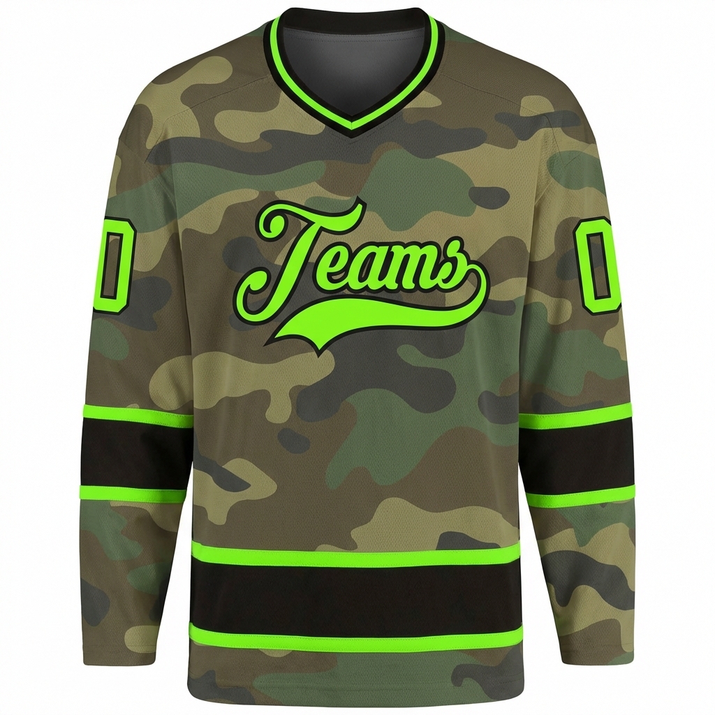 Custom Camo Green & Black Salute To Service Hockey Jersey