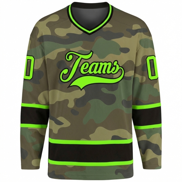 Custom Camo Green & Black Salute To Service Hockey Jersey