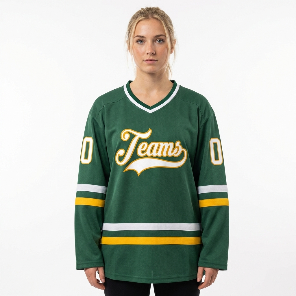 Custom Dark Green & White/Yellow Hockey Jersey
