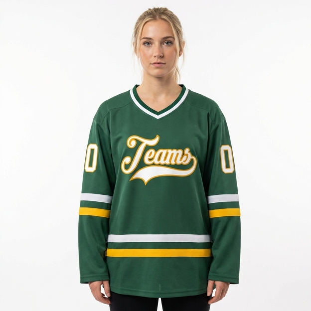Custom Dark Green & White/Yellow Hockey Jersey