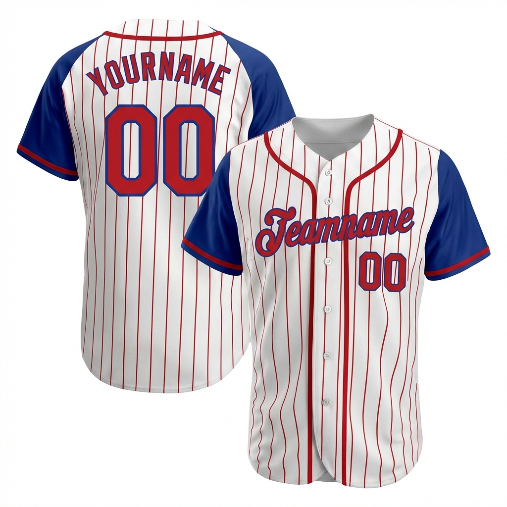 Custom White & Blue/Red Pinstripes Raglan Sleeves Baseball Jersey