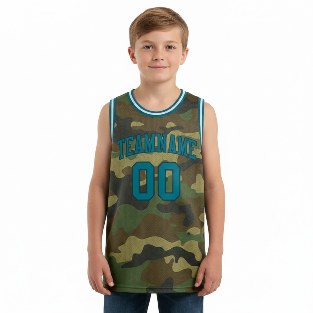 Custom Camo Teal & White Salute To Service Basketball City Edition Jersey