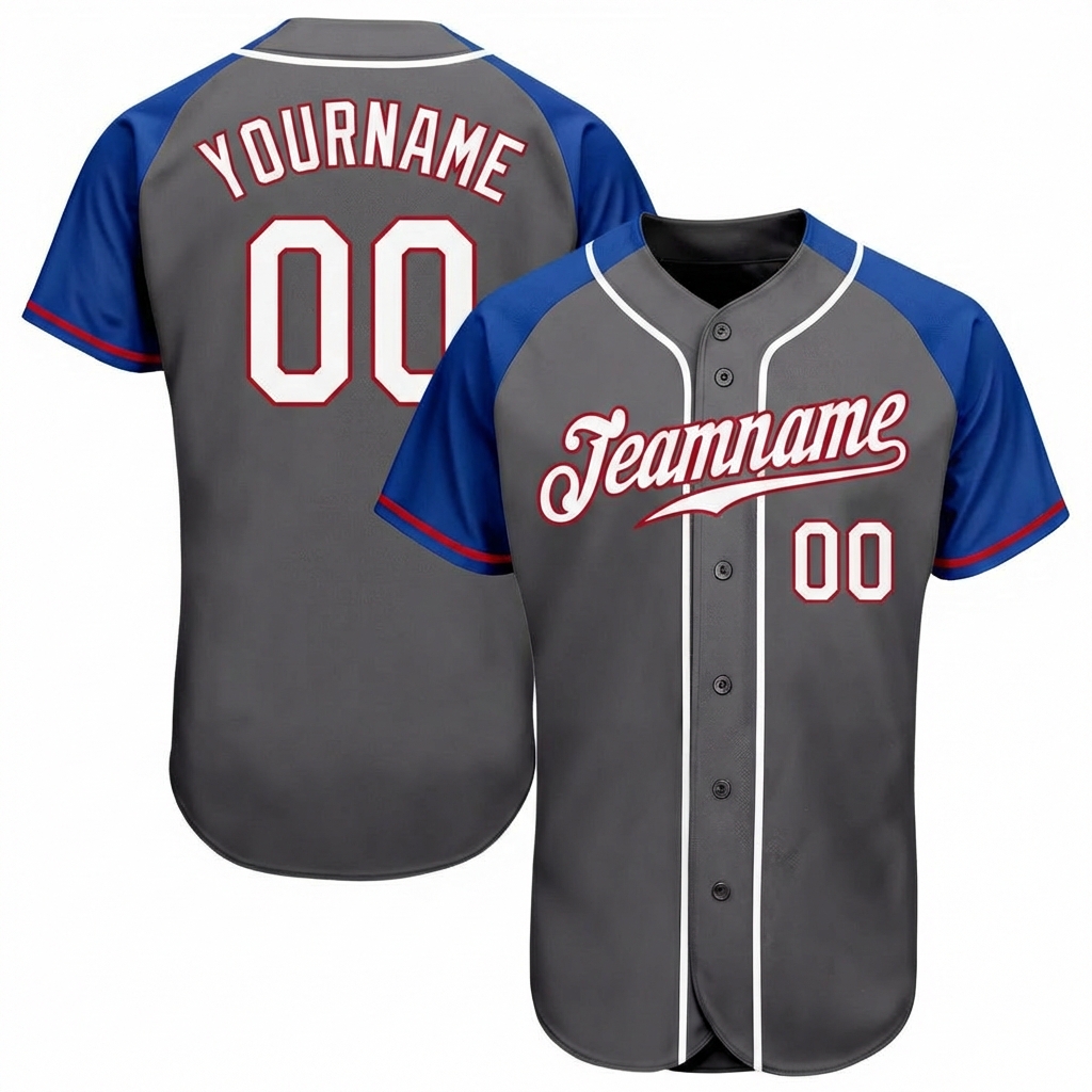 Custom Dark Grey & White/Blue Raglan Sleeves Baseball Jersey