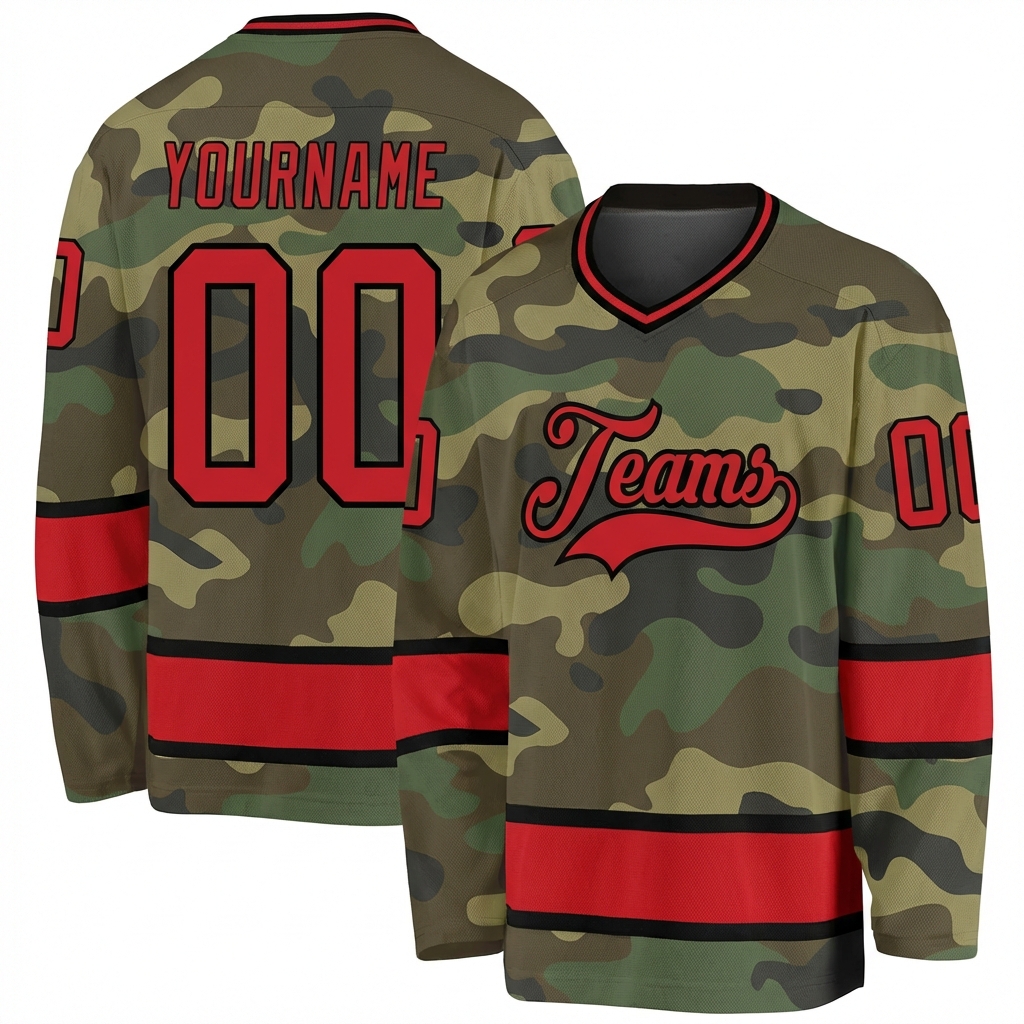 Custom Camo Red & Black Salute To Service Hockey Jersey