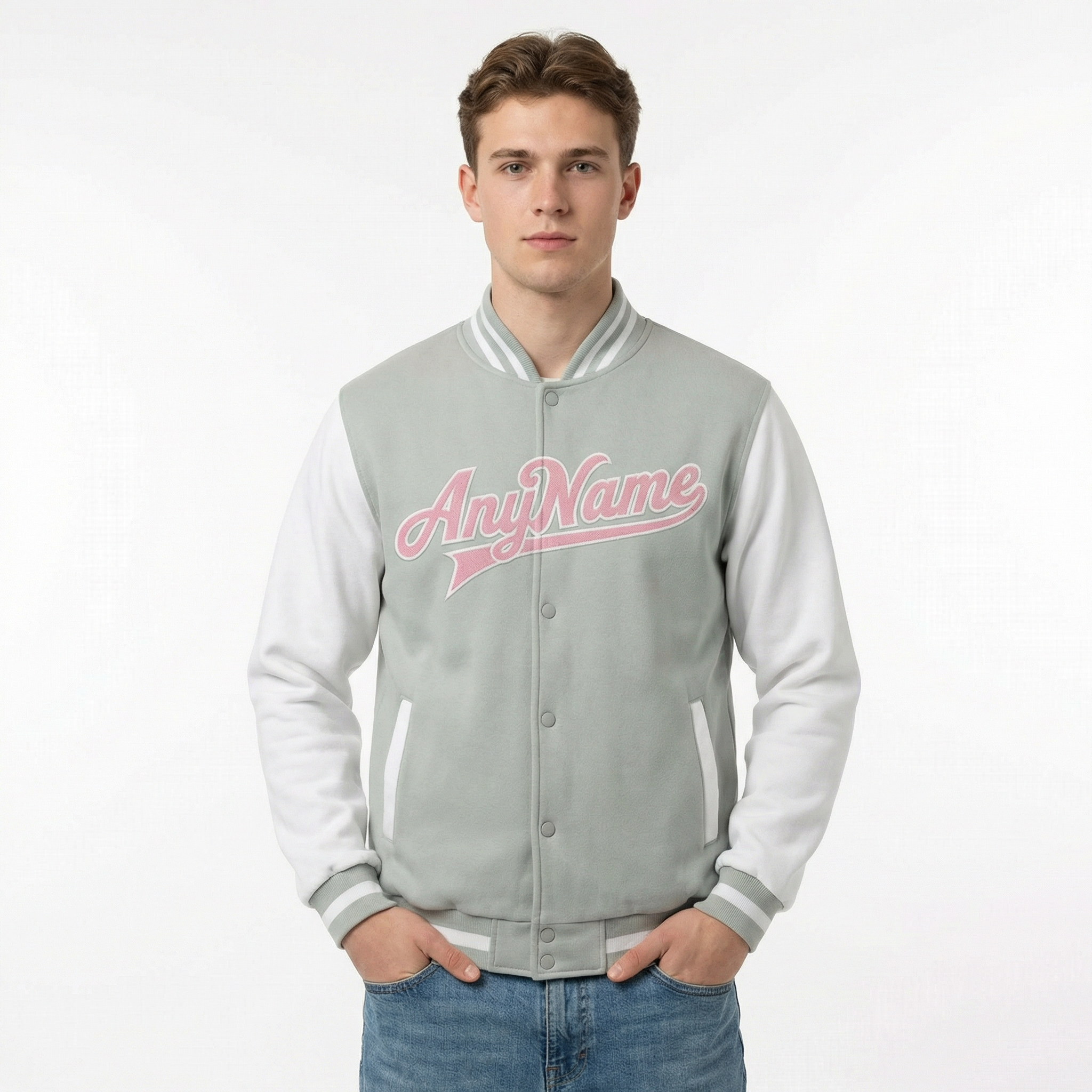 Custom Grey & Pink/White Raglan Sleeves Full-Snap Fleece Jacket
