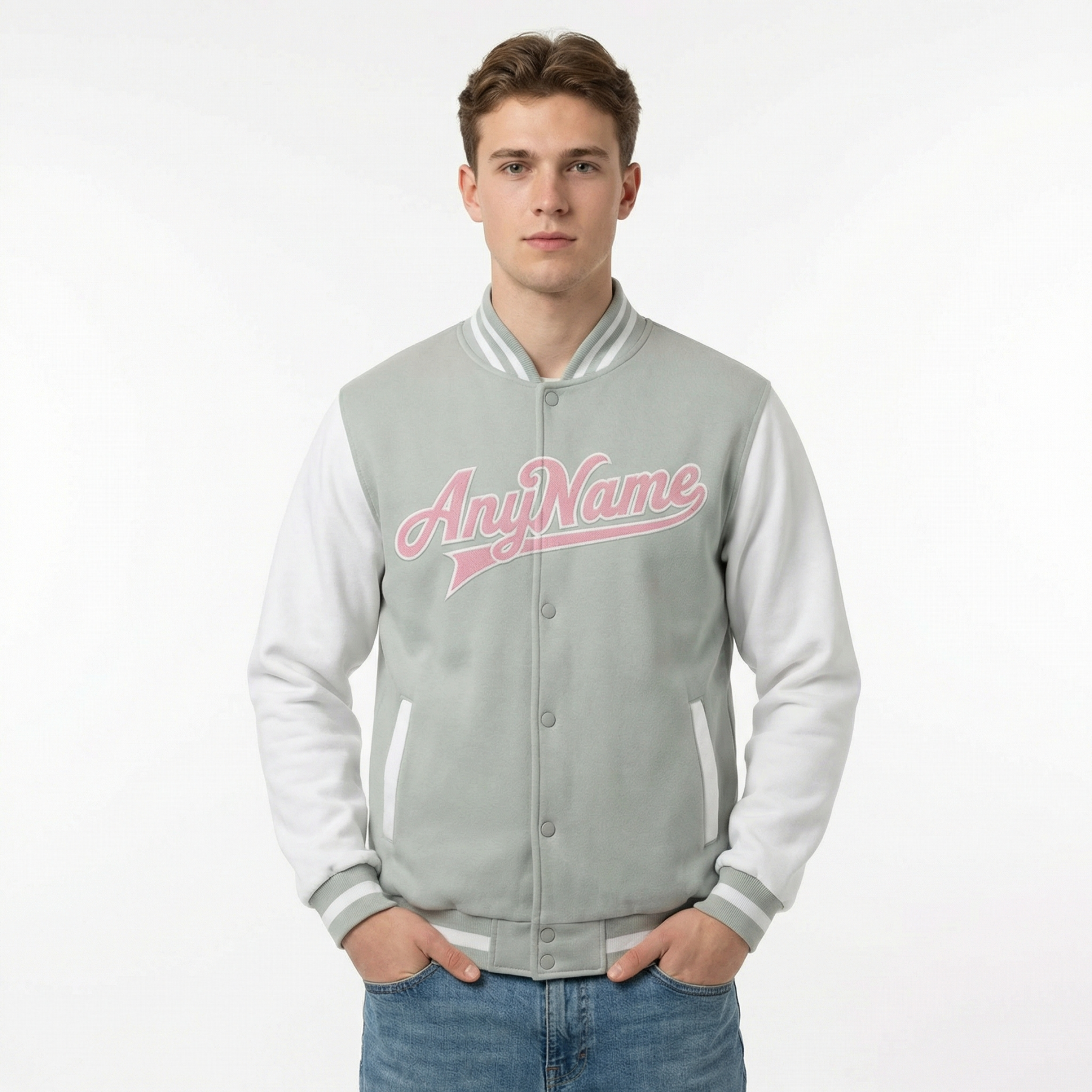 Custom Grey & Pink/White Raglan Sleeves Full-Snap Fleece Jacket