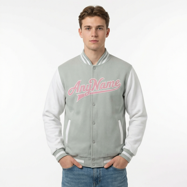 Custom Grey & Pink/White Raglan Sleeves Full-Snap Fleece Jacket
