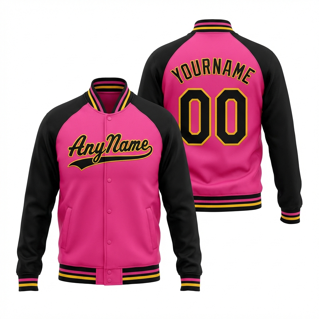 Custom Pink & Yellow/Black Raglan Sleeves Full-Snap Fleece Jacket
