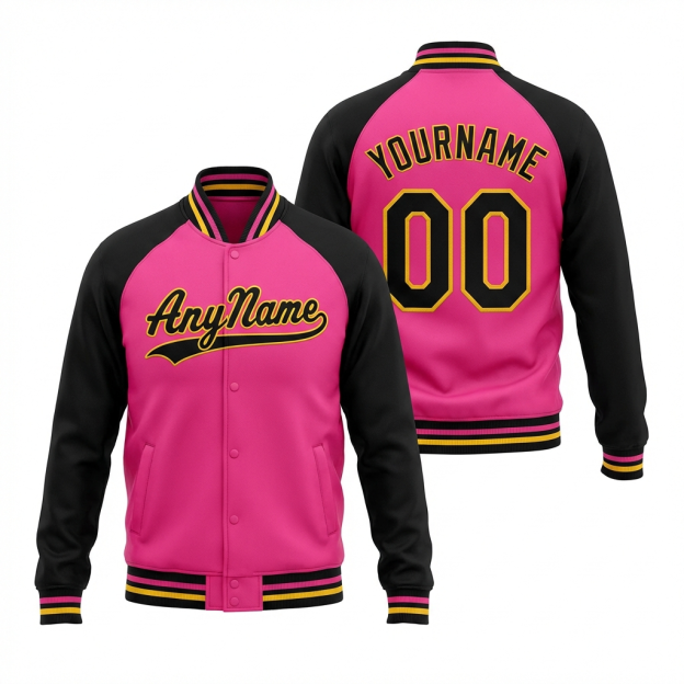 Custom Pink & Yellow/Black Raglan Sleeves Full-Snap Fleece Jacket