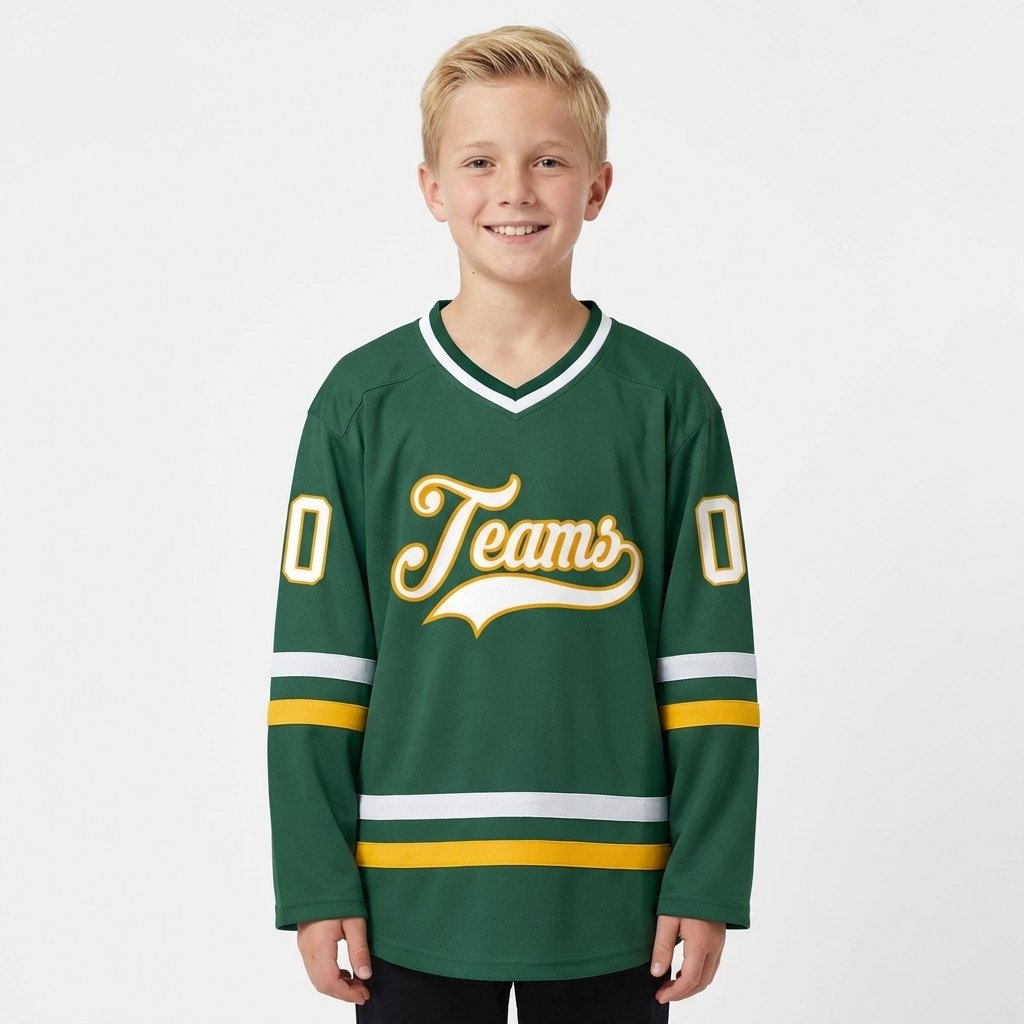 Custom Dark Green & White/Yellow Hockey Jersey