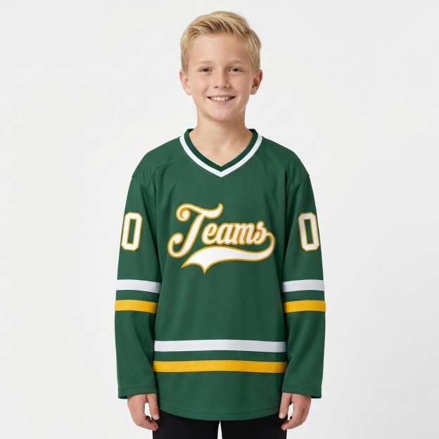Custom Dark Green & White/Yellow Hockey Jersey