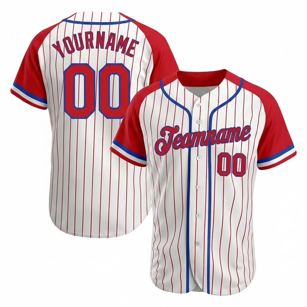 Custom White & Blue/Red Pinstripes Raglan Sleeves Baseball Jersey