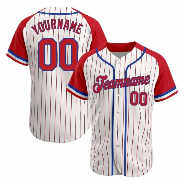 Custom White & Blue/Red Pinstripes Raglan Sleeves Baseball Jersey