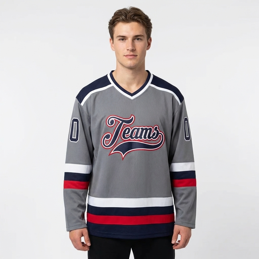 Custom Grey & Navy/White Hockey Jersey
