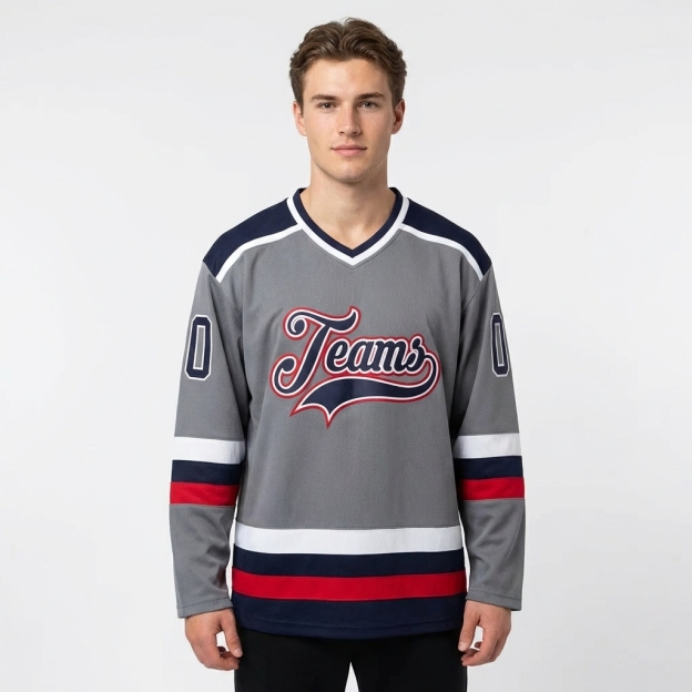 Custom Grey & Navy/White Hockey Jersey