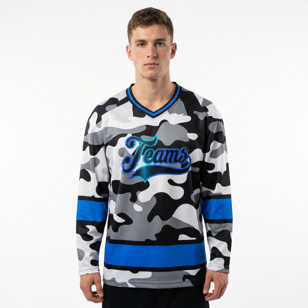 Custom Camo Blue & Black Salute To Service Hockey Jersey