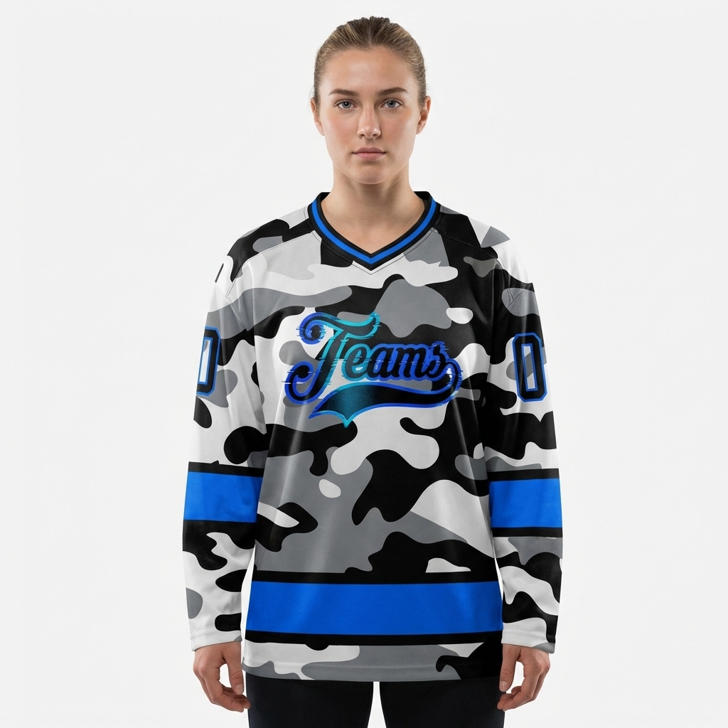 Custom Camo Blue & Black Salute To Service Hockey Jersey