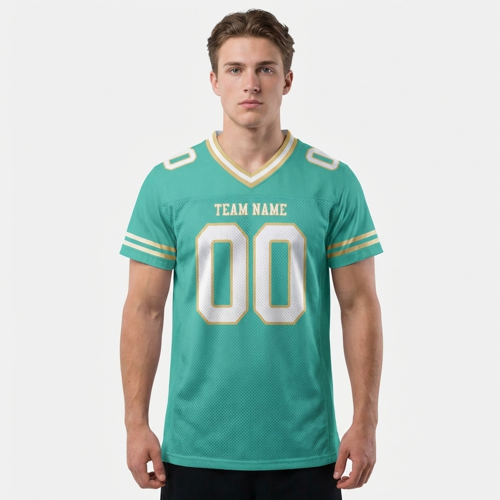 Custom Aqua & White/Gold Football Jersey