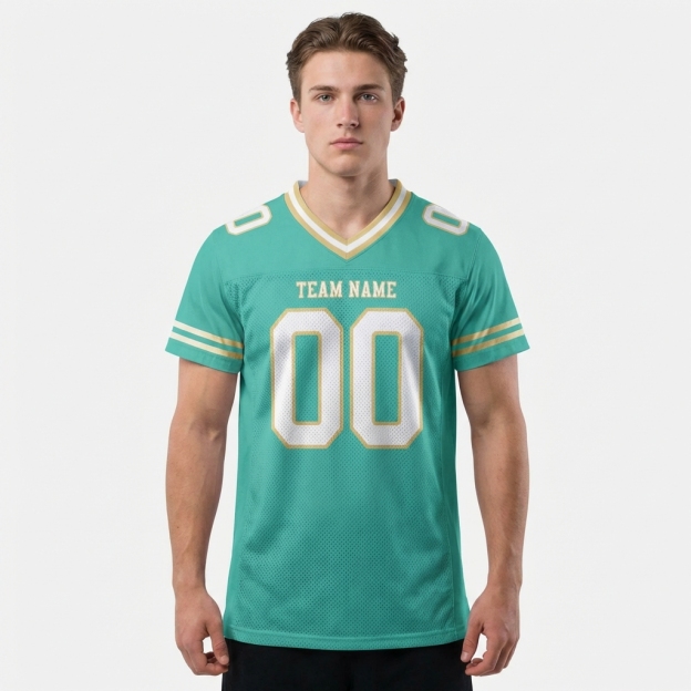 Custom Aqua & White/Gold Football Jersey