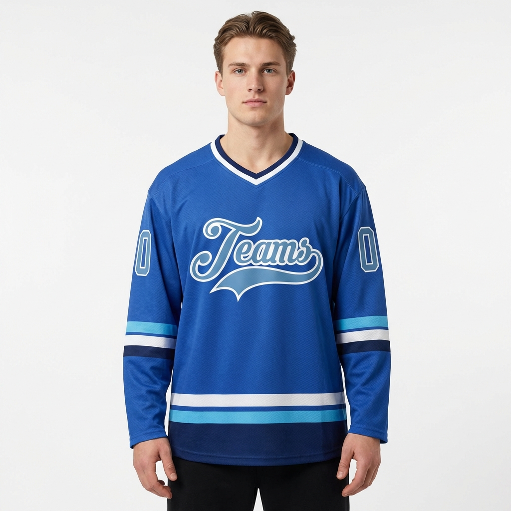 Custom Blue & Light Blue/White Hockey Jersey