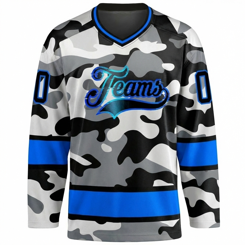 Custom Camo Blue & Black Salute To Service Hockey Jersey
