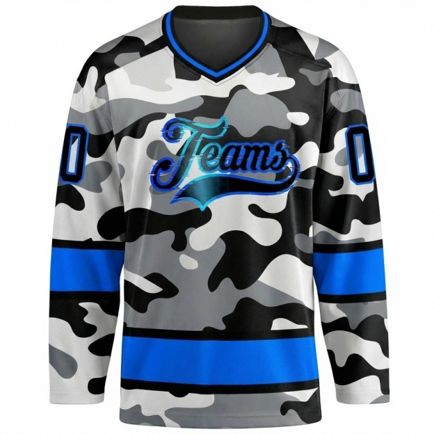 Custom Camo Blue & Black Salute To Service Hockey Jersey