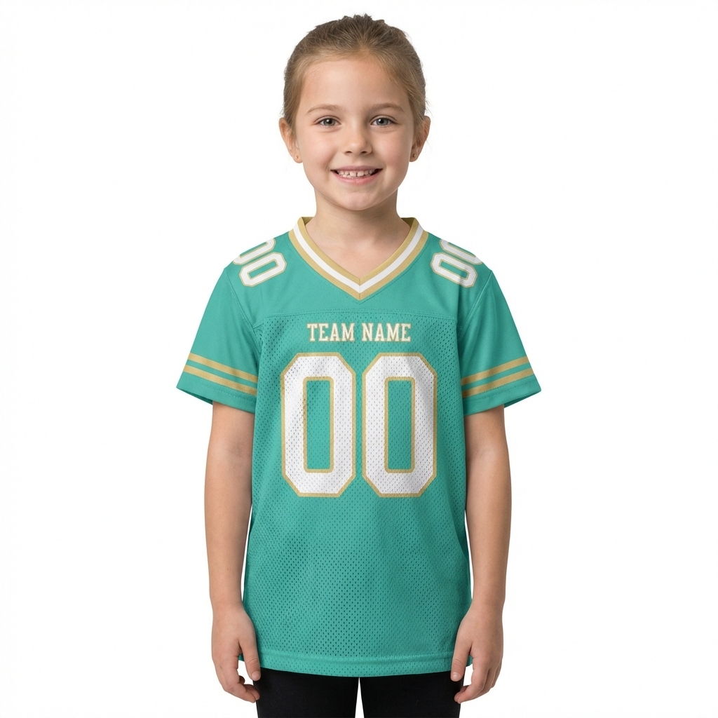 Custom Aqua & White/Gold Football Jersey