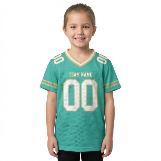 Custom Aqua & White/Gold Football Jersey