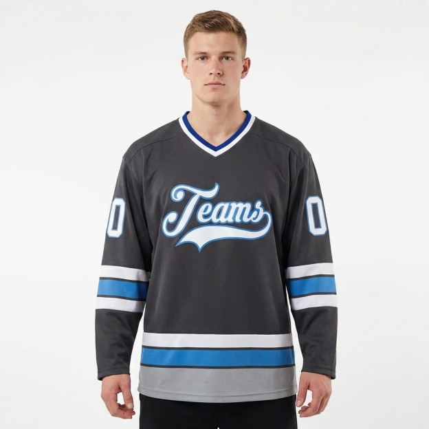Custom Dark Grey & White/Blue Hockey Jersey