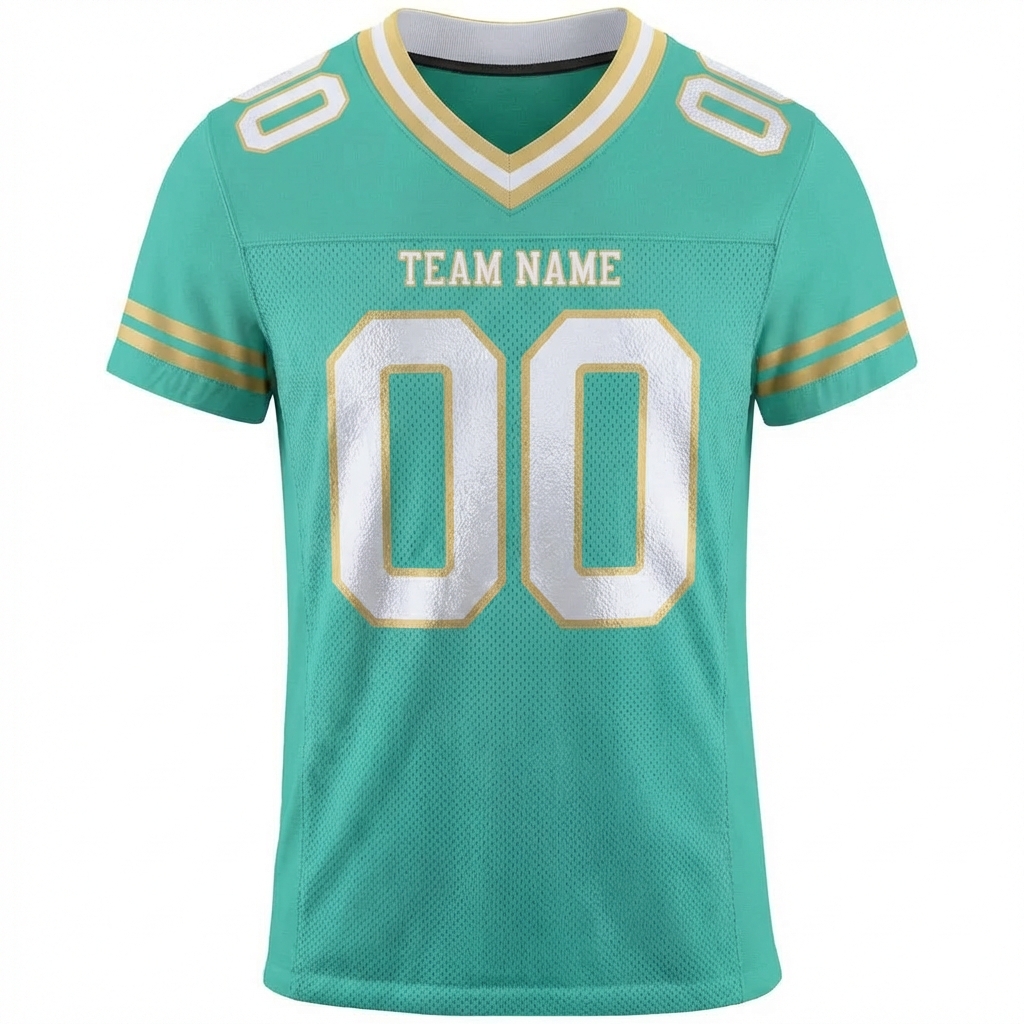 Custom Aqua & White/Gold Football Jersey