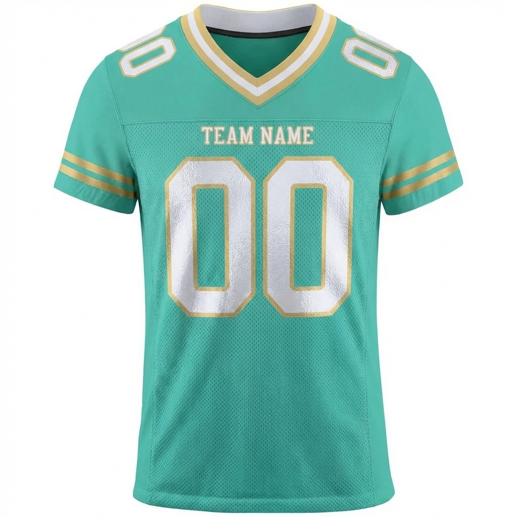 Custom Aqua & White/Gold Football Jersey