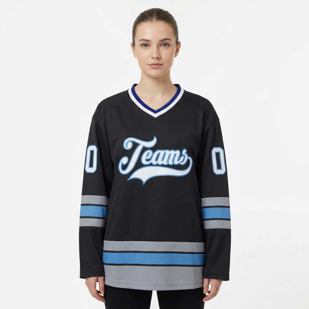 Custom Dark Grey & White/Blue Hockey Jersey