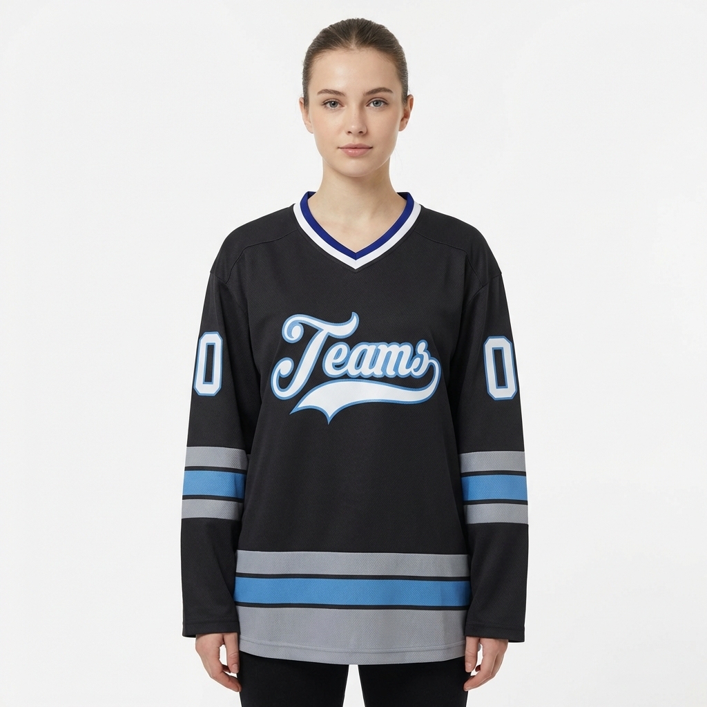 Custom Dark Grey & White/Blue Hockey Jersey