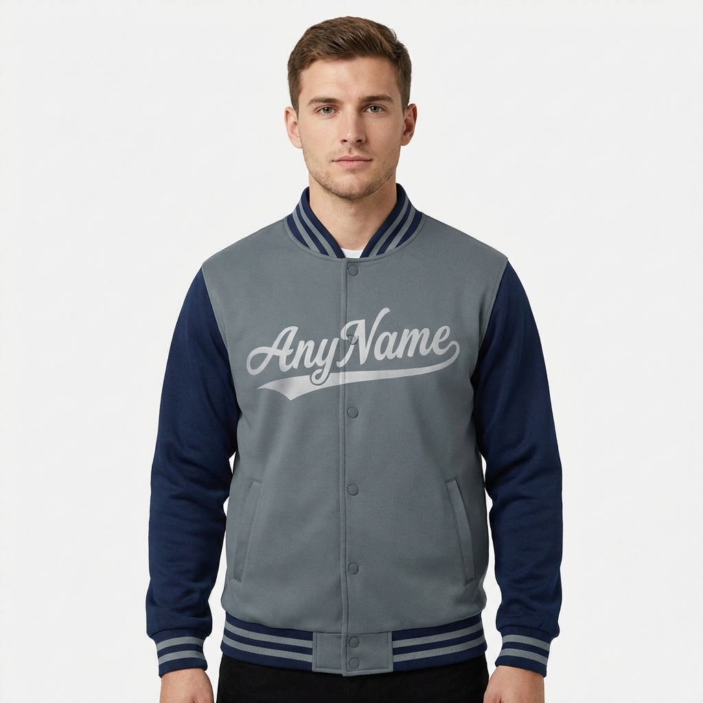 Custom Grey & Sliver/Blue Raglan Sleeves Full-Snap Fleece Jacket