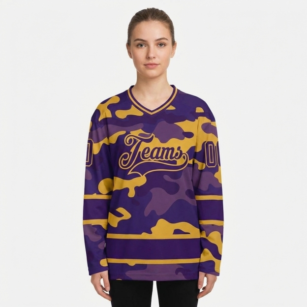 Custom Camo Purple & Gold Salute To Service Hockey Jersey
