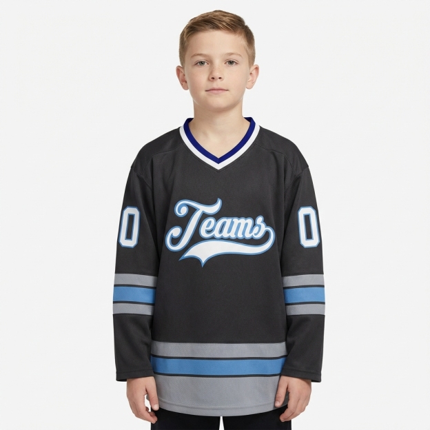 Custom Dark Grey & White/Blue Hockey Jersey