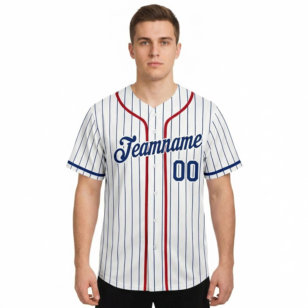 Custom White & Red/Royal Blue Pinstripes Baseball Jersey