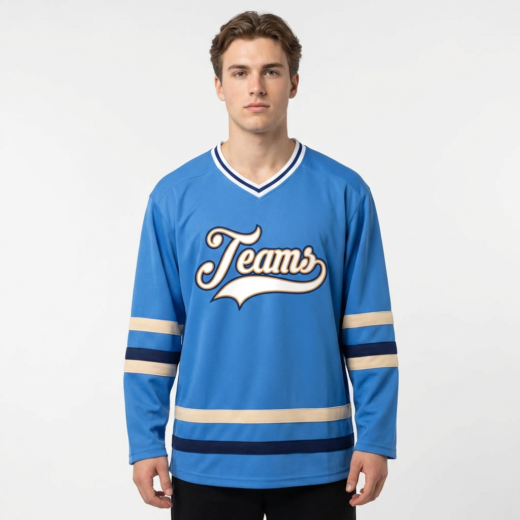 Custom Blue & White/Gold-Navy Hockey Jersey