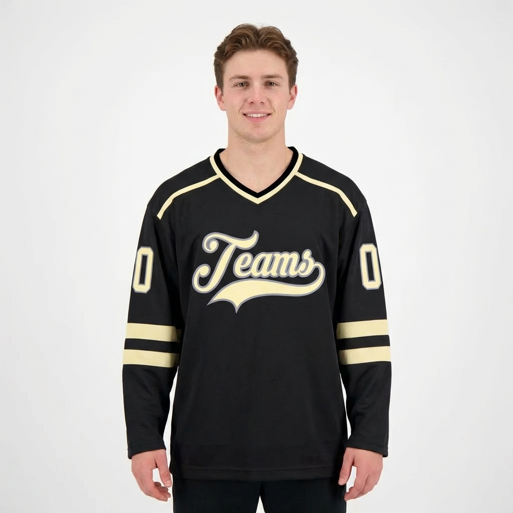 Custom Black & Cream/Grey Hockey Jersey