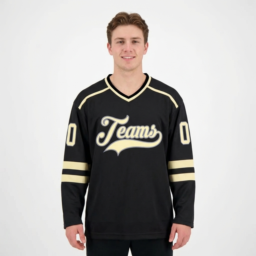 Custom Black & Cream/Grey Hockey Jersey