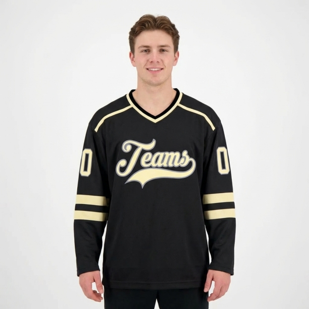 Custom Black & Cream/Grey Hockey Jersey