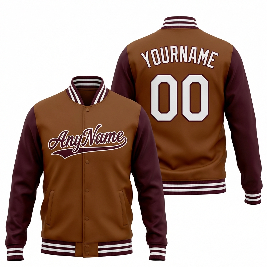 Custom Brown & White/Burgundy Full-Snap Raglan Sleeves Fleece Jacket