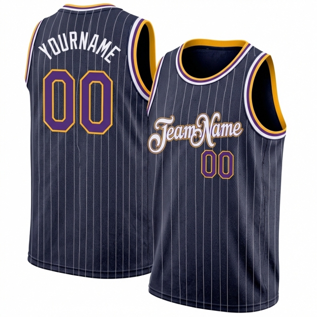 Custom Navy & White/Yellow Pinstripes Basketball City Edition Jersey